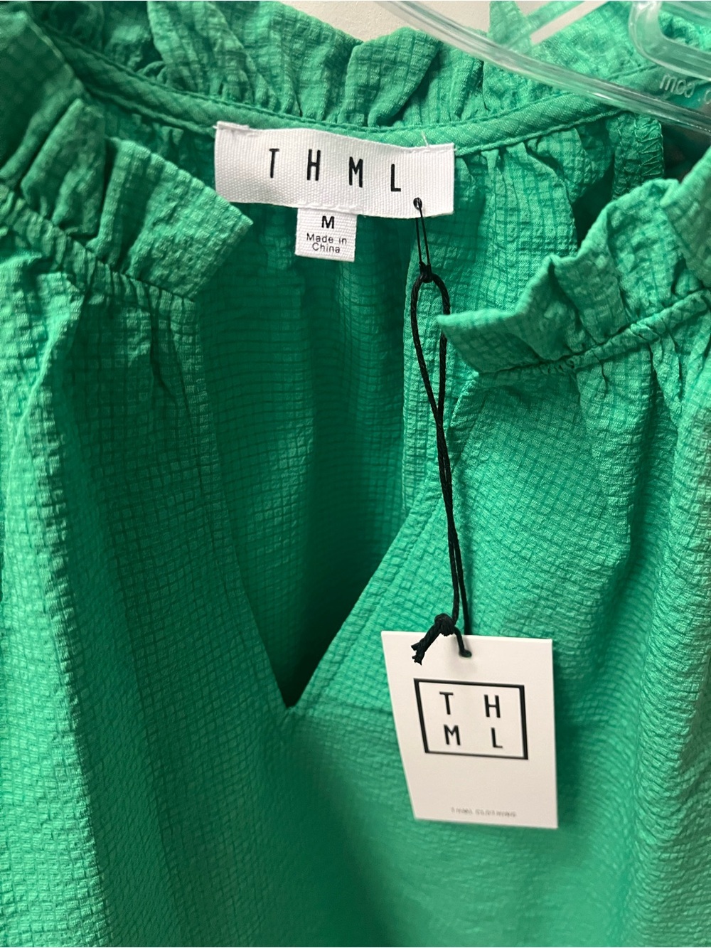 THML Green Blouse with Embroidered Pink & Orange Puffy Sleeves - Picture 4 of 5